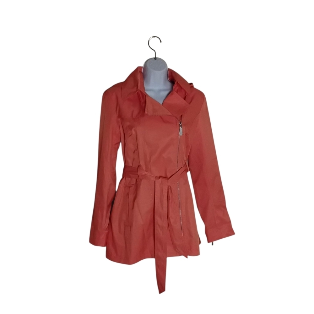 Vince Camuto Women's M Orange Zippers Lined Tie Hood Pockets Trench Coat